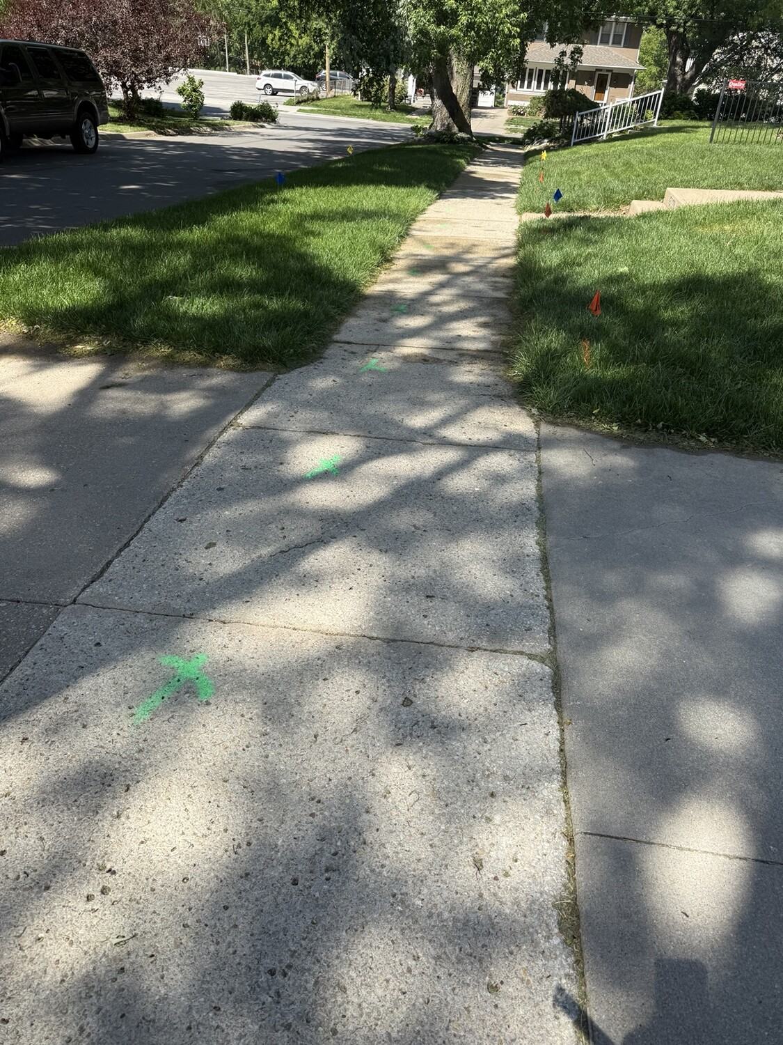 Sidewalk marked with X's for replacement